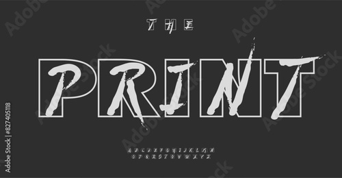 Offbeat duplicative alphabet, bold outline contour outside and script brush letters inside for artistic logo and headline, street art branding, decorative unusual typographic design. Vector typeset.
