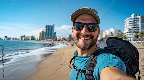 Happy man with beard taking selfie on a beach. Nice sea view and sunny weather. Urban buildings in the background. Lifestyle and travel concept. AI. © Irina Ukrainets