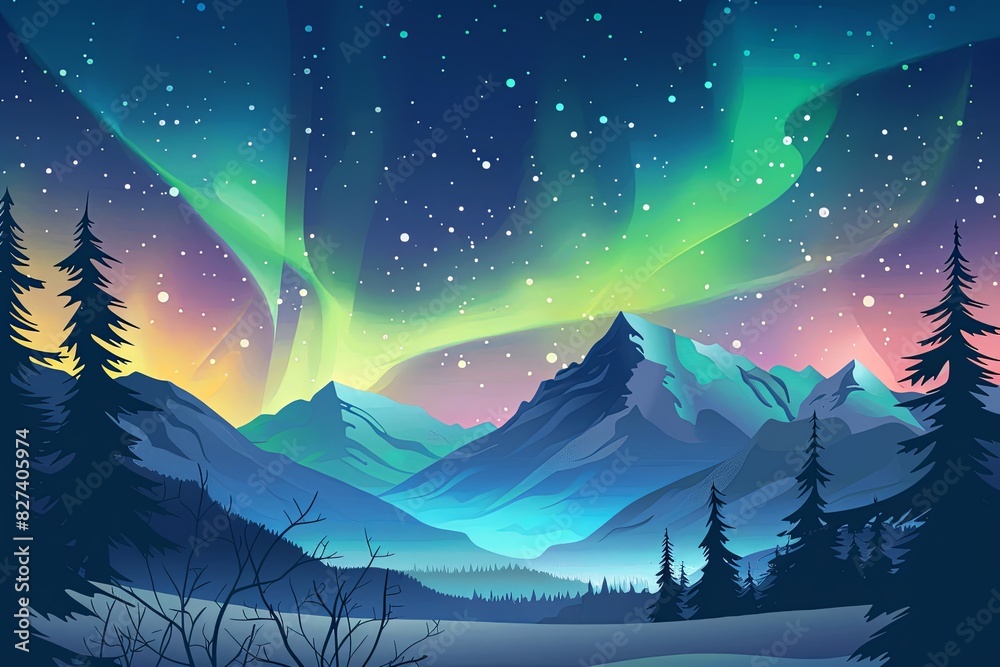 Fototapeta premium Aurora lights dance over a majestic snow-capped mountain range at night. Generative AI