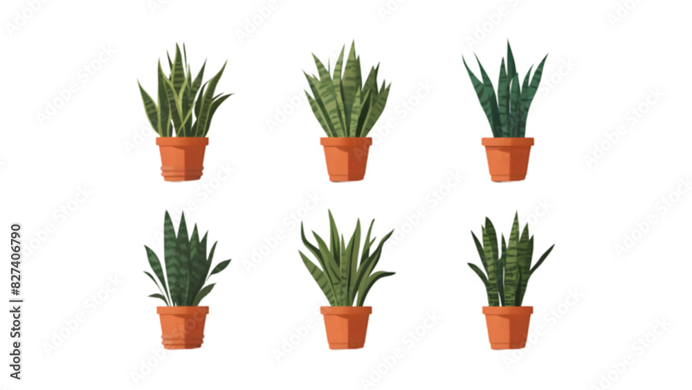 Set of Six Flat Vector Snake Plants in Flower Pots: Botanical Illustrations | Snake Plant In Flowerpots Designs For Nature & Gardening Projects, Isolated Set of Six Flat Vector Snake Plants in Flower Pots: Botanical Illustrations | Snake Plant In Flowerpots Designs For Nature & Gardening Projects, Isolated