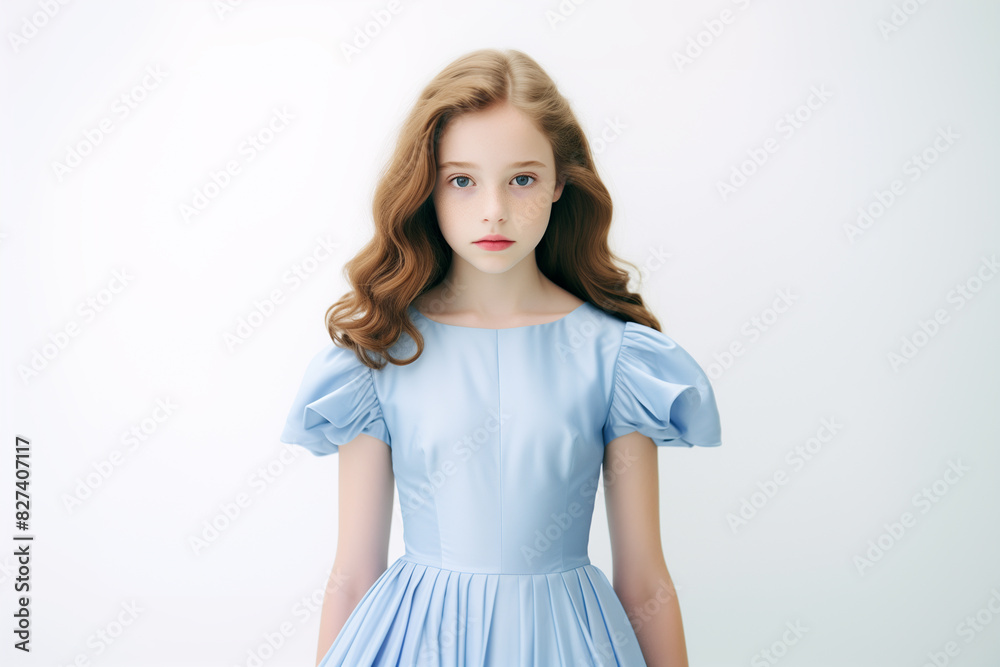 Portrait of a girl in a blue dress on a white background Portrait of a girl in a blue dress on a white background