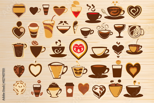 coffee cup icons set, background with coffee themes pattern