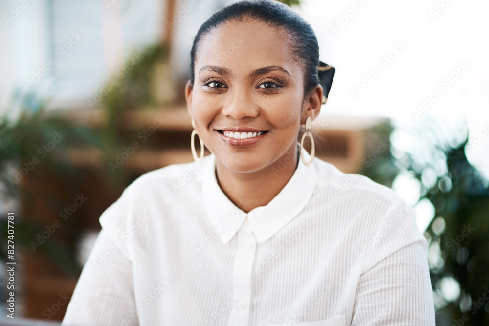Office, portrait and business woman with smile for profession, career and company. Workplace, satisfaction and female graphic designer with pride, professional and ready for startup project. Office, portrait and business woman with smile for profession, career and company. Workplace, satisfaction and female graphic designer with pride, professional and ready for startup project.