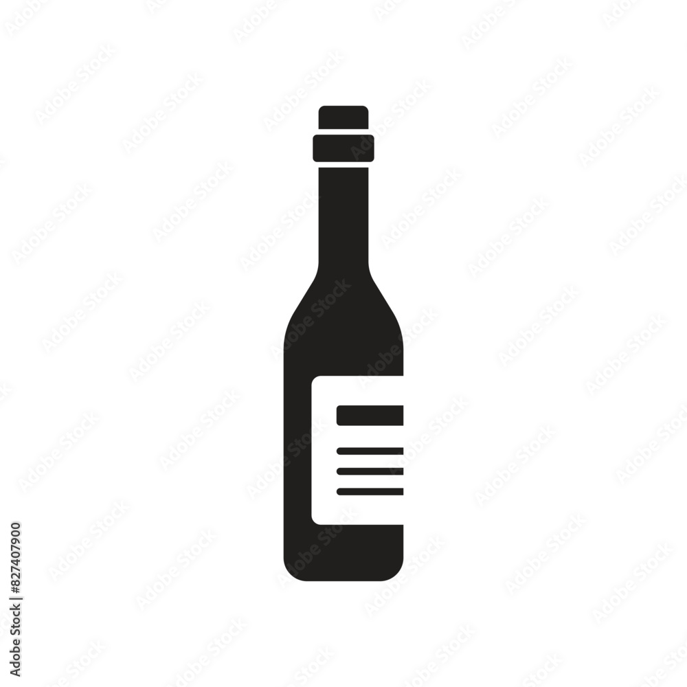 Wine bottle with glass icon in flat style. Alcohol drink vector illustration on isolated background. Champagne beverage sign business concept.