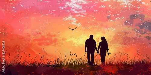 Sunset Silhouette: A couple silhouetted against a pastel-colored sunset, embracing or walking hand in hand, symbolizing their love and connection