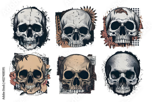 Collection of Gritty Skull Collage Elements Infused with Edgy Aesthetics | High-Quality Skull Vector Illustrations