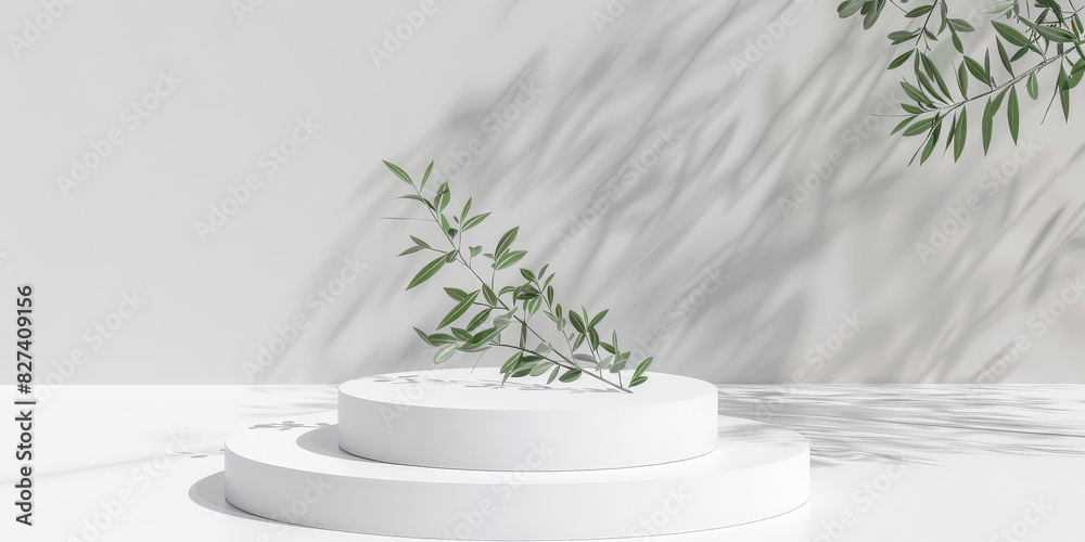 white podium with green leaves. white marble stone podium on white background for Product Display and Business Concept