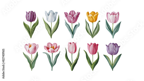 Set of Watercolor Tulip Flowers: Unique Floral Illustrations with Transparent Background
