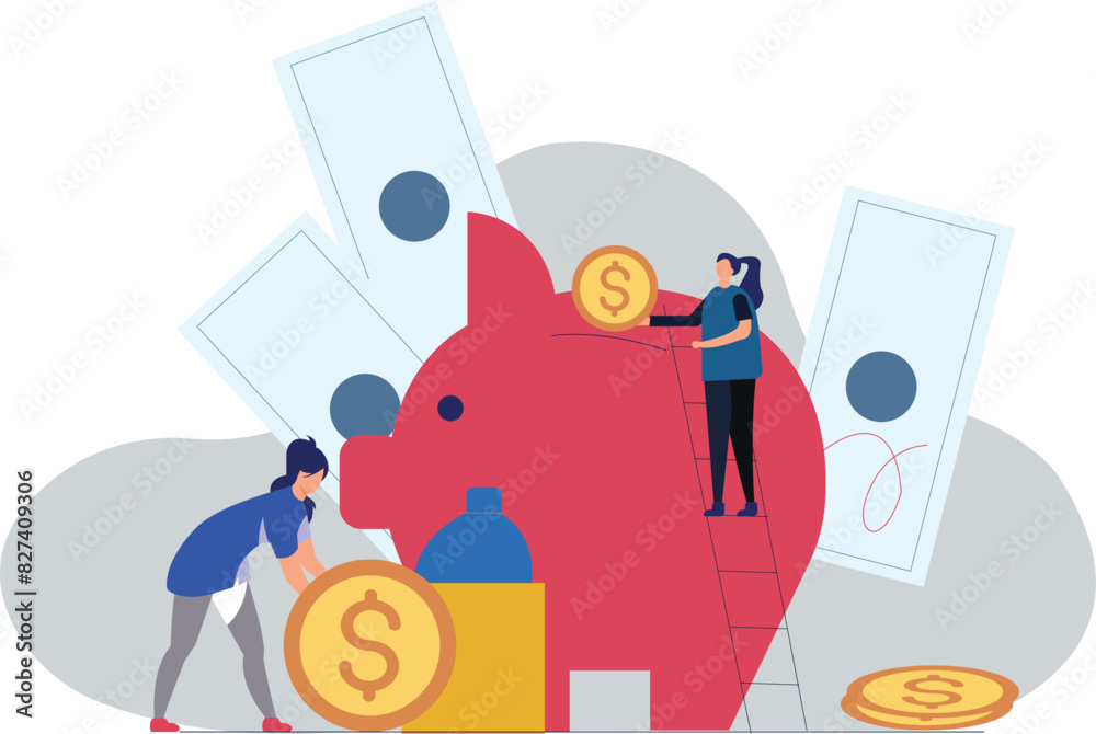 The girls are putting money in the piggy bank. The girls are putting money in the piggy bank.