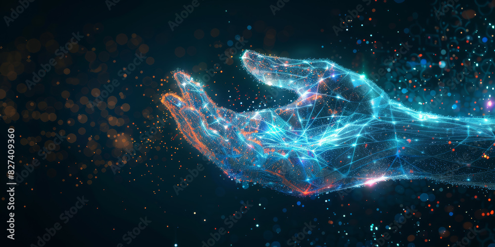 Digital hand hologram on dark background. Neural network connection. Communication with artificial intelligence. Digital hand hologram on dark background. Neural network connection. Communication with artificial intelligence.