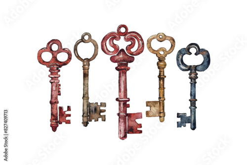 Set of oldschool Vintage Keys Illustration: Watercolor Vintage Keys with Detailed Rendering
