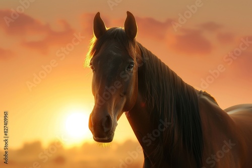 Horses, feeding on grass at high-land pasture at Carpathian Mountains in rays of sunset. Beautiful simple AI generated image in 4K, unique. © ArtSpree