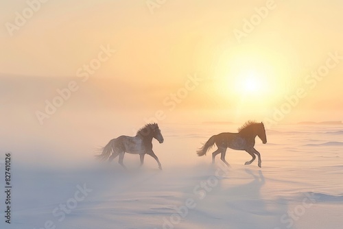 Herd of Horses at Gorkhi-Terelj National Park at Ulaanbaatar, Mongolia. Winter Jan 25 2019.  . Beautiful simple AI generated image in 4K, unique. © ArtSpree