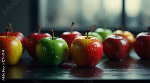fake plastic apples, synthetically engineered in labs rather than grown from nature's seeds background illustration. - generative AI 