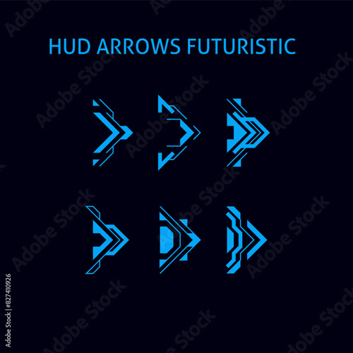 HUD futuristic arrows and navigation pointers vector interface and navigation pointers. blue neon light arrow cursor,