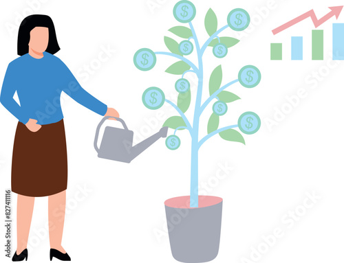 A girl is watering a dollar plant.