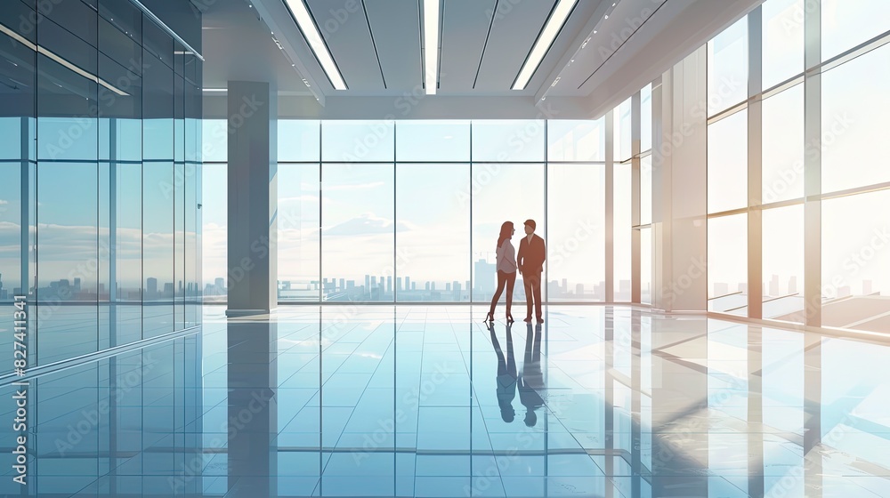 Fototapeta premium Two people standing in a large, empty room with a view of the city