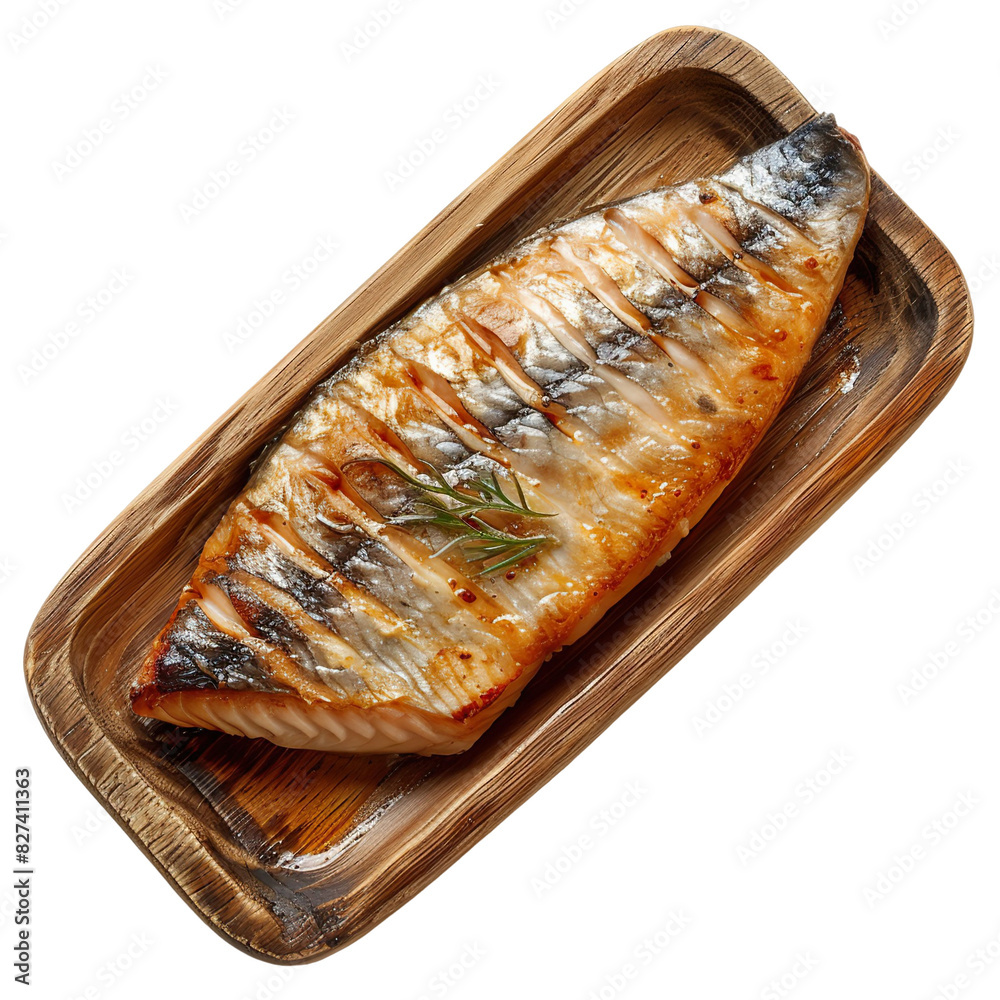 Top view of a marinated perfectly cooked squid on a wooden tray isolated on a white transparent background Top view of a marinated perfectly cooked squid on a wooden tray isolated on a white transparent background