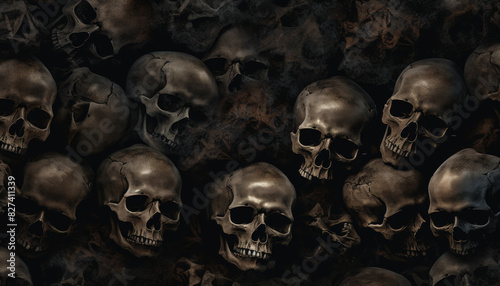 Halloween texture featuring a pattern of skulls and bones, dark and grungy background, perfect for creating spooky and eerie designs, gothic horror theme