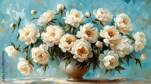 Beautiful white flowers in a vase on a table. Simple and elegant decor. Perfect for home, office or as a gift. AI