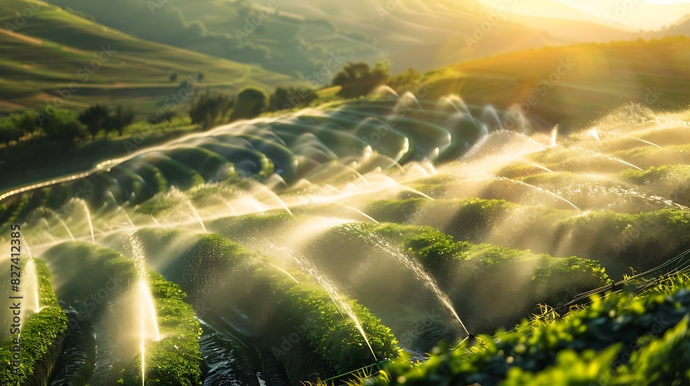 Fototapeta premium Efficient Agricultural Irrigation: Precision Sprinkler System Watering Lush Green Fields, Ensuring Optimal Crop Growth and Sustainability Practices in Modern Farming