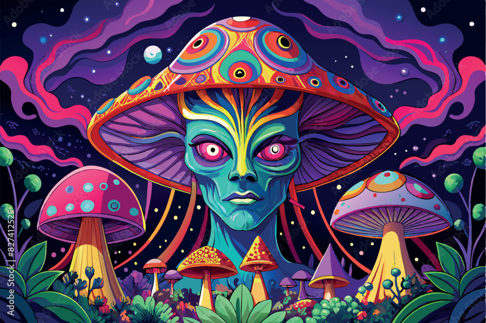 Around the skull are a variety of mushrooms and plants on a dark background with pink and purple hues, reminiscent of aurora or space vortices. Around the skull are a variety of mushrooms and plants on a dark background with pink and purple hues, reminiscent of aurora or space vortices.