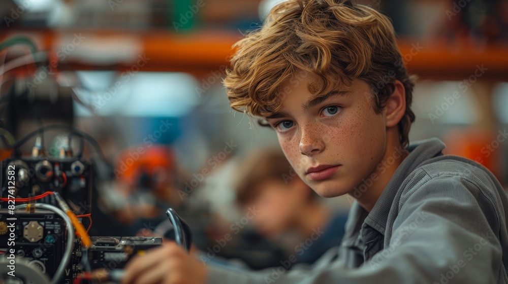 Focused young boy working on a robotics project in a workshop, displaying creativity and concentration. Focused young boy working on a robotics project in a workshop, displaying creativity and concentration.