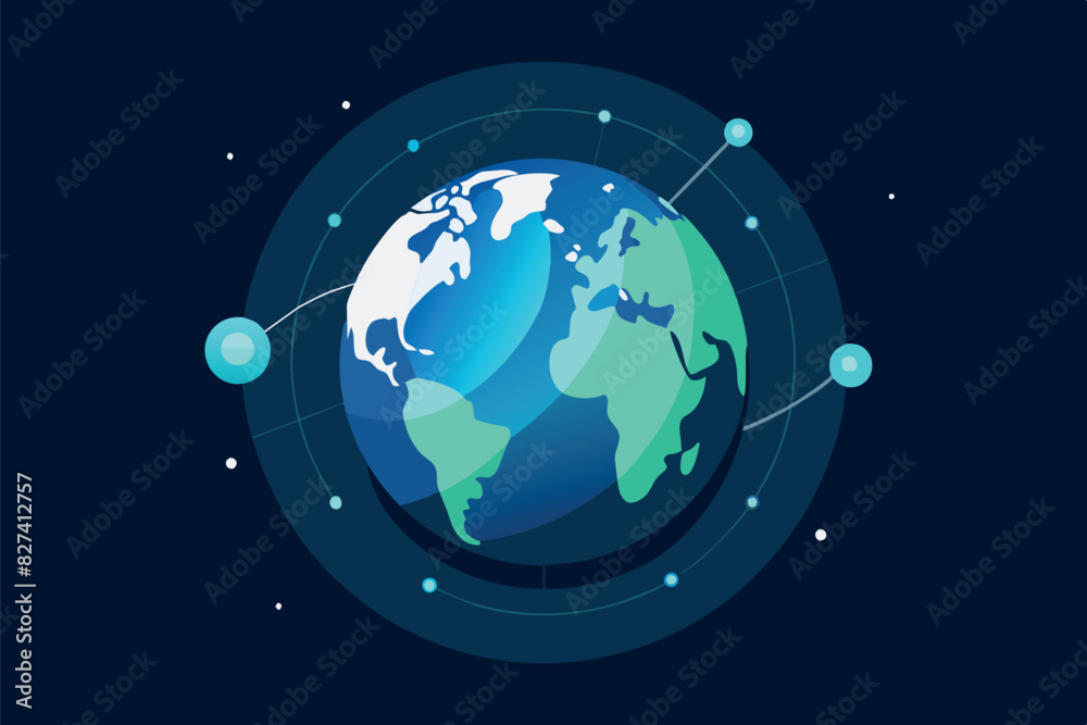 Illustration of the Earth, located in the center of the frame, with a dark blue background reminiscent of space. The continents are colored light green, and four small circles connected by lines Illustration of the Earth, located in the center of the frame, with a dark blue background reminiscent of space. The continents are colored light green, and four small circles connected by lines