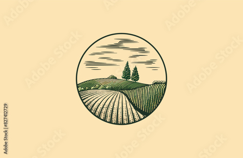 vintage farm landscape plantation vector illustration