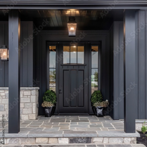 Modern Front Entrance Door: Detailed View of a Black Modern Farmhouse with Stylish Front Door, Light Fixtures, and Stone Porch