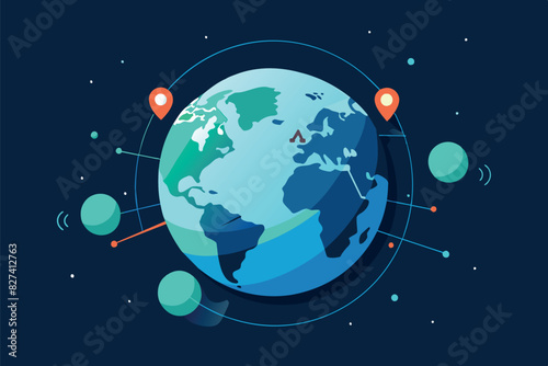 Illustration of the Earth  located in the center of the frame  with a dark blue background reminiscent of space. The continents are colored light green  and four small circles connected by lines