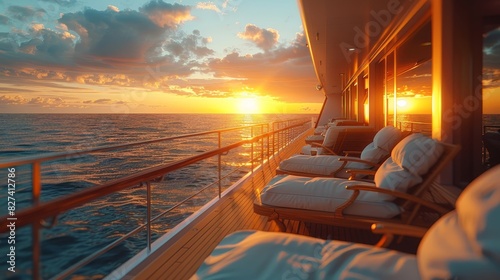 Luxurious yacht deck at sunset with comfortable lounge chairs overlooking a serene ocean view  perfect for relaxation and leisure travel.