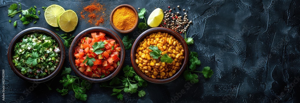 Vibrant Mexican Culinary Ingredients on a Dark Background - A Colorful Palette of Flavors and Traditions Vibrant Mexican Culinary Ingredients on a Dark Background - A Colorful Palette of Flavors and Traditions