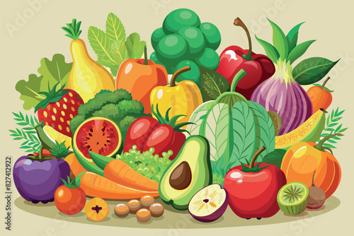 a variety of colorful fruits and vegetables side by side. There are greens, apple, grapes, corn, tomatoes, bell peppers, broccoli, figs, strawberries, and watermelon with visible seeds.