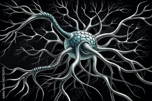  Image of a stylized illustration of a neuron.  The illustration shows the cell body of a neuron with a nucleus, dendrites, divergent branches, and an axon leading from the cell body.