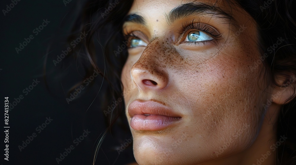 woman lost in thought, her expression soft and reflective, as she gazes into the distance with quiet contemplation woman lost in thought, her expression soft and reflective, as she gazes into the distance with quiet contemplation