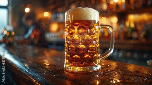 A frothy pint of beer sits on a wooden bar, illuminated by warm ambient lighting in a cozy pub setting.