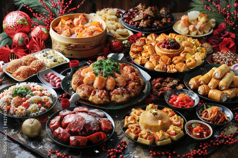 A table full of food with a festive atmosphere. The table is covered with a variety of dishes, including a pizza, shrimp, and other Asian dishes. There are also several bowls