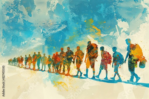 migration and refugees poster flat design front view World Population Day theme water color vivid