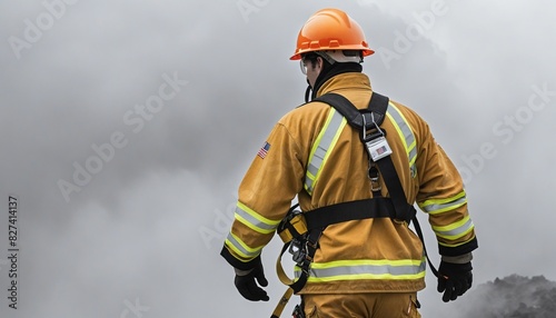 Safety profession construction , fireman wearing safety uniform from back view, working fireworker ready to face trouble