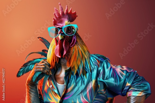 A close up of a rooster wearing sunglasses. Perfect for farm or animal-themed designs. Beautiful simple AI generated image in 4K, unique.