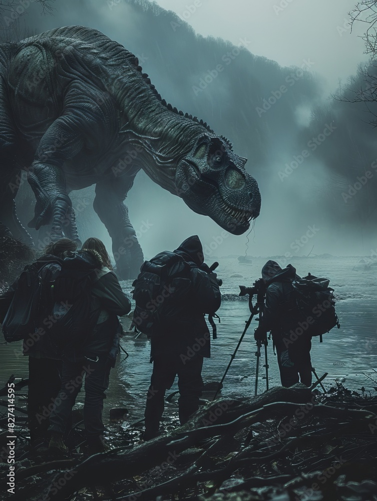 Adventurers encountering a giant, realistic dinosaur in a foggy forest setting, capturing the thrilling moment of discovery and danger. Adventurers encountering a giant, realistic dinosaur in a foggy forest setting, capturing the thrilling moment of discovery and danger.