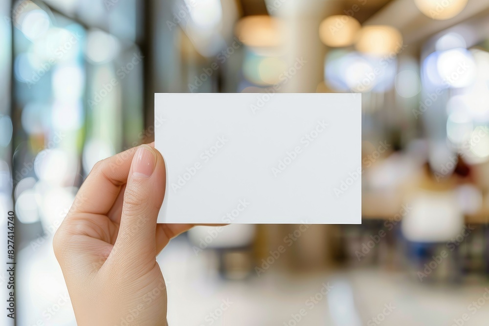 Blank Business card, Paper card template in hand grab on blur indoor cafe background. Blank Business card, Paper card template in hand grab on blur indoor cafe background.