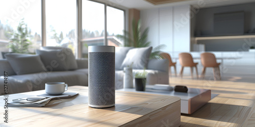 Smart speaker on the table with beautiful comfortable sofa and wooden table 3d rendering. Air purifier in white workplace room with filter for cleaner removing