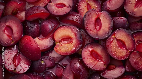 Top-down of a pile of sliced plums photo