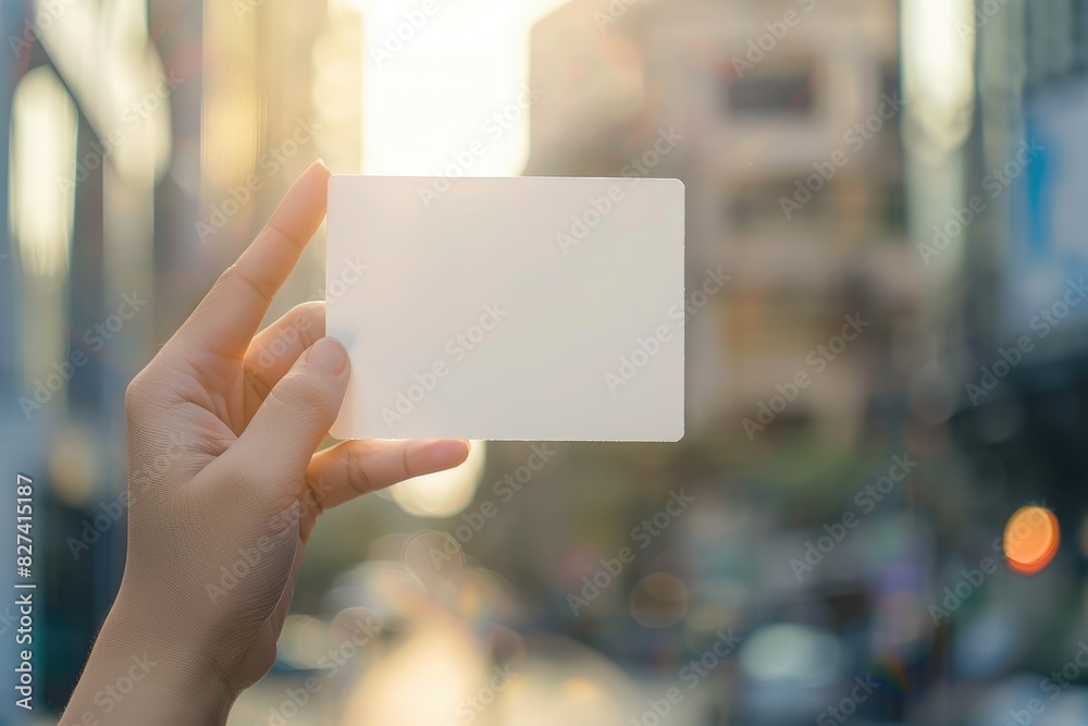 Blank Business card, Paper card template in hand grab on blur outdoor city background. Blank Business card, Paper card template in hand grab on blur outdoor city background.