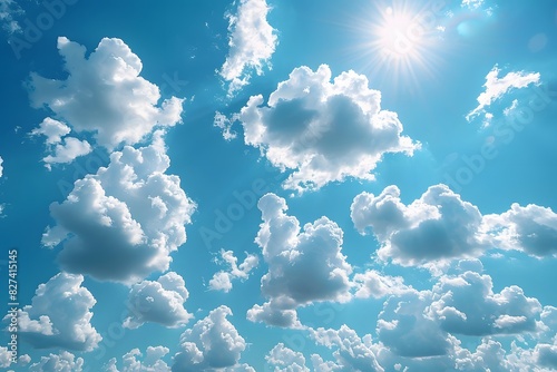Majestic Blue Sky with Fluffy White Clouds and Radiant Sunlight - Perfect for Nature  Travel  and Inspirational Prints