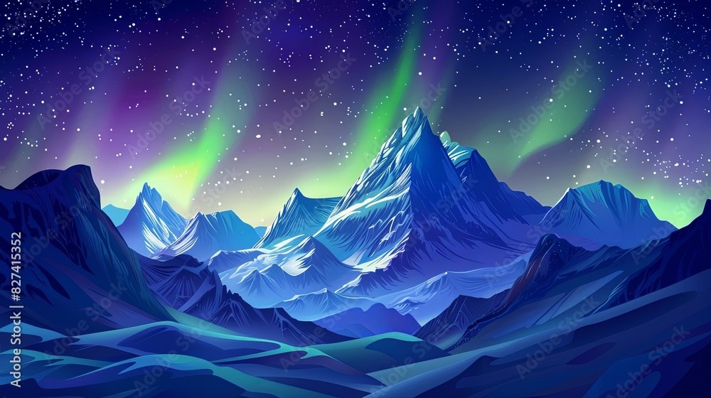 A painting of a glowing aurora dancing above a snow-capped mountain range. Generative AI A painting of a glowing aurora dancing above a snow-capped mountain range. Generative AI