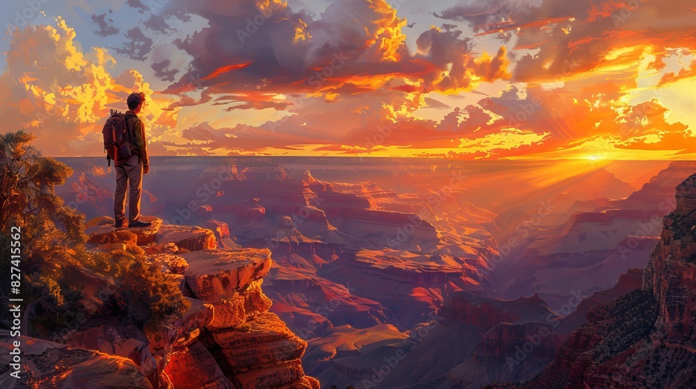 Fototapeta premium Hiker stands on cliff edge, admiring stunning sunset over vast canyon landscape. Breathtaking journey into nature's grandeur and adventure.