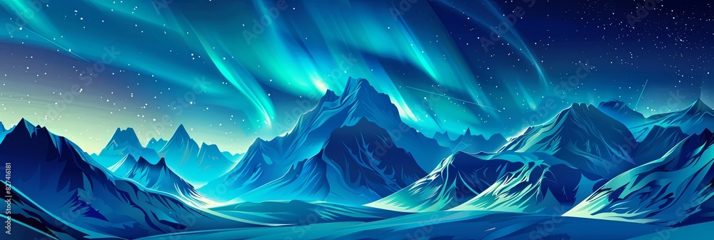 Obraz premium Painting of a mountain range under the aurora lights in the sky. Generative AI
